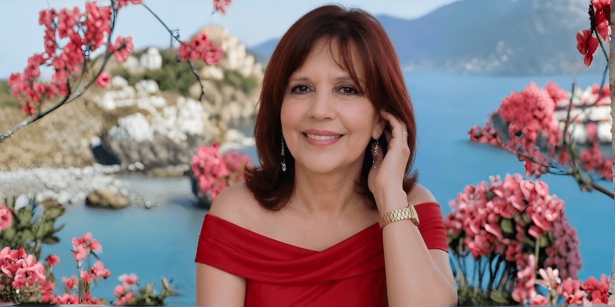 Woman in red off-shoulder dress smiling against a backdrop of flowers and coast.