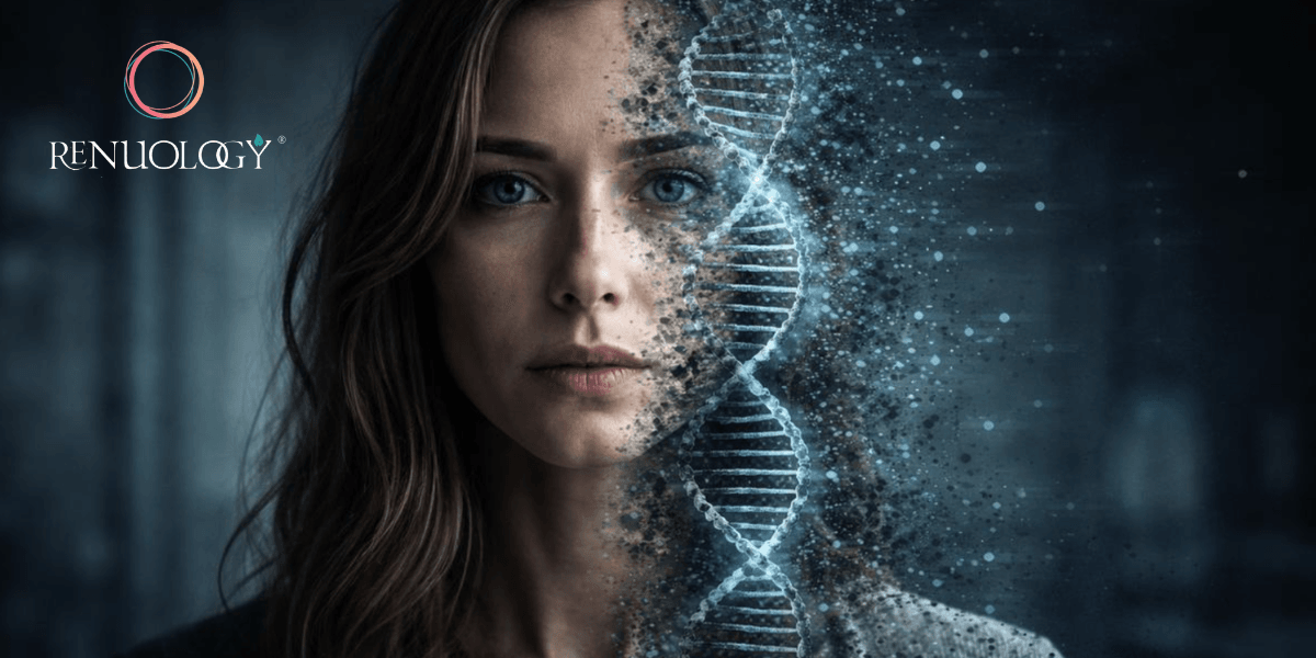 A woman’s face blending with a digital DNA helix on one side