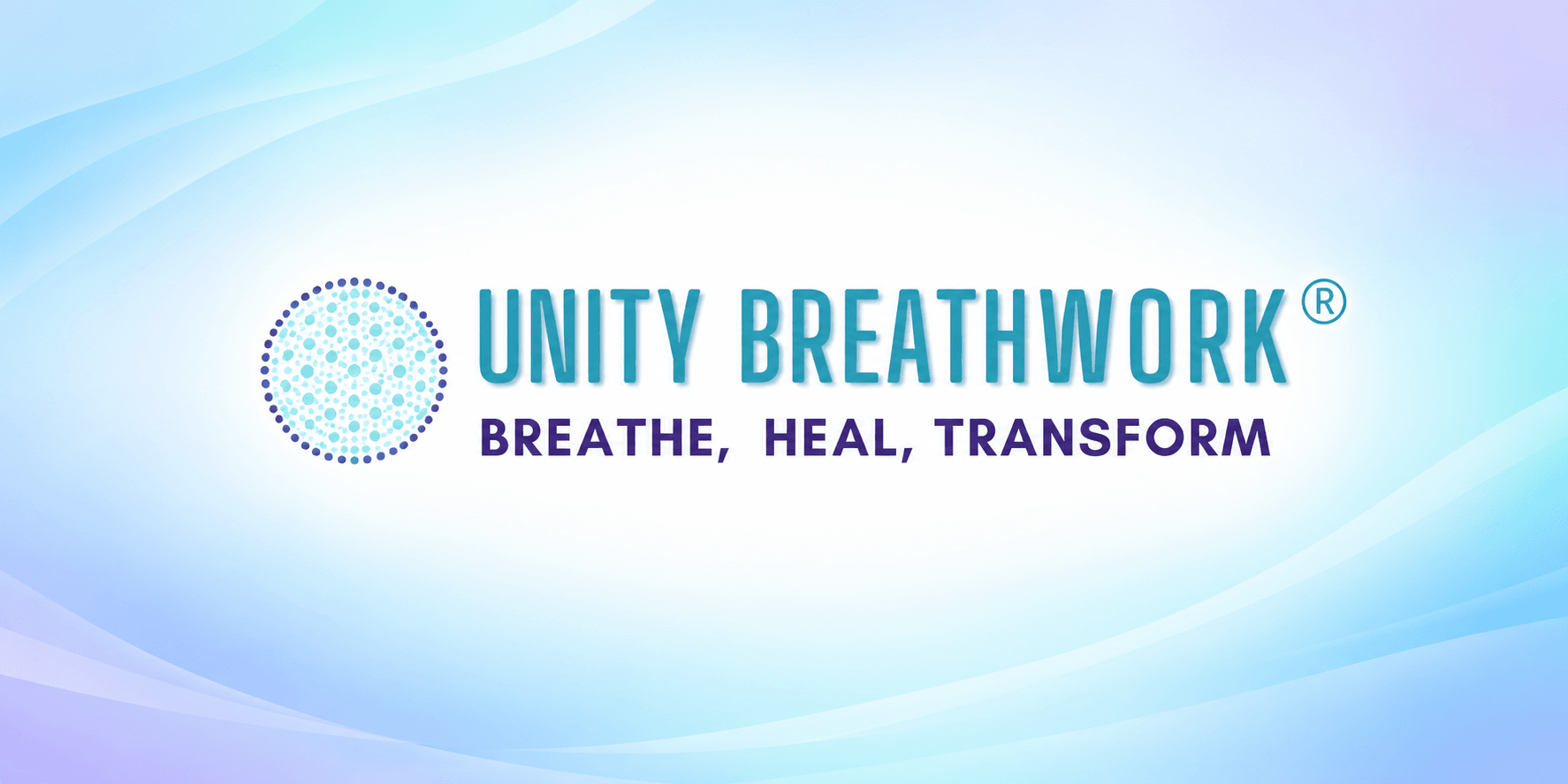 Logo for Unity Breathwork with the tagline "Breathe, Heal, Transform" on a gradient background