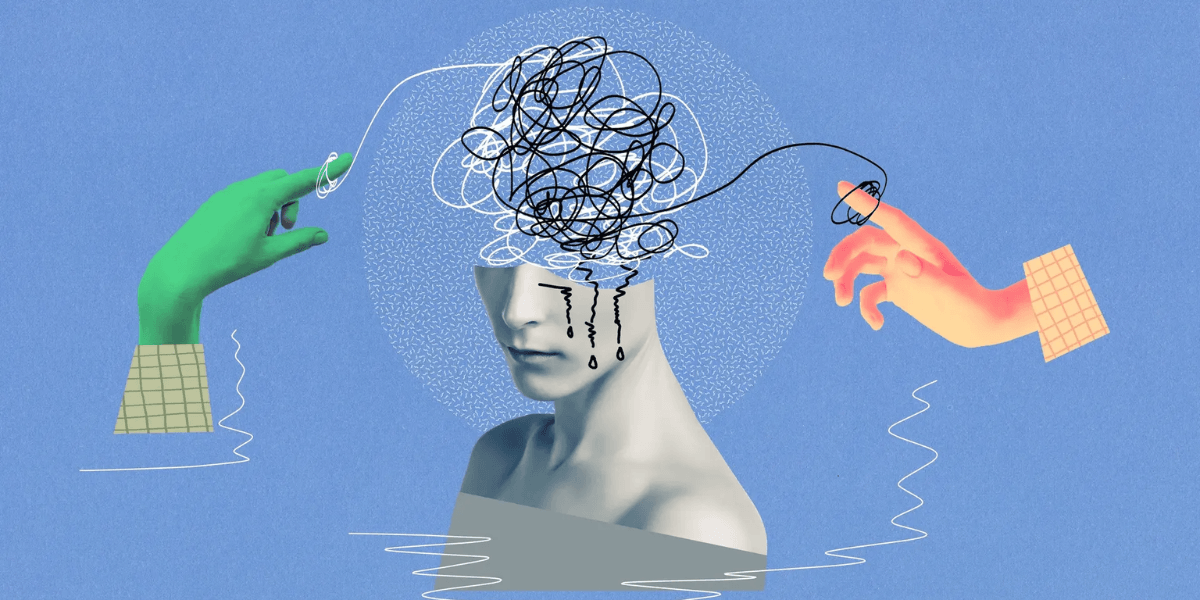 Stylized illustration of a figure with tangled thoughts surrounded by hands and water.