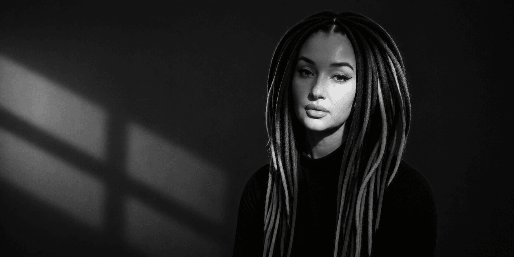 Black-and-white portrait of woman with long dreadlocks, soft lighting, calm expression against dark background