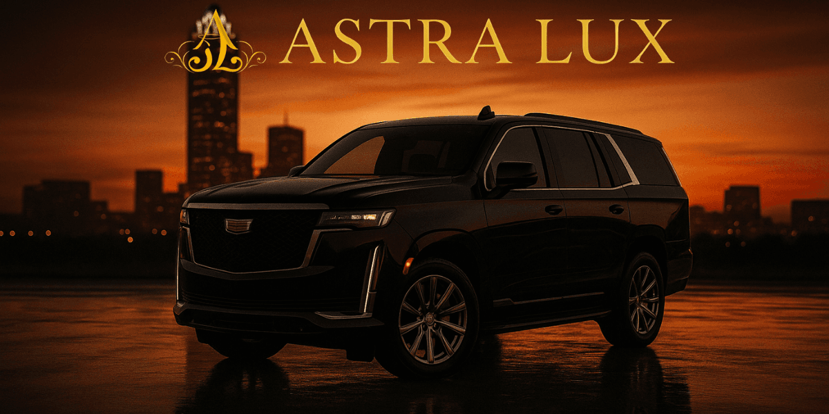 A luxurious black Cadillac SUV against a stunning sunset backdrop, showcasing the sleek design and elegance of Astra Lux's premium in-city rides. The vehicle is highlighted by the iconic city skyline, reflecting the exclusivity and sophisticated lifestyle that Astra Lux provides for high-end transport and social experiences.