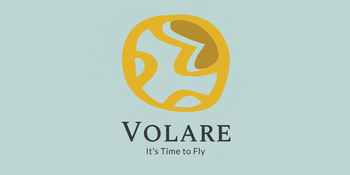 Logo featuring a stylized yellow globe with the text "Volare It's Time to Fly"
