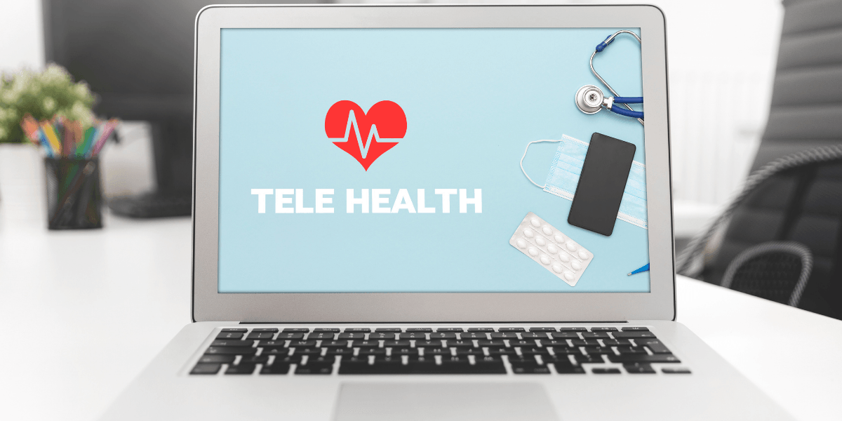 Laptop displaying "TELE HEALTH" with a stethoscope, phone, mask, and pills around it