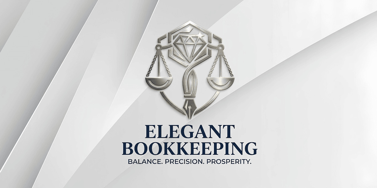 Logo for Elegant Bookkeeping featuring scales, a diamond, and a feather quill.