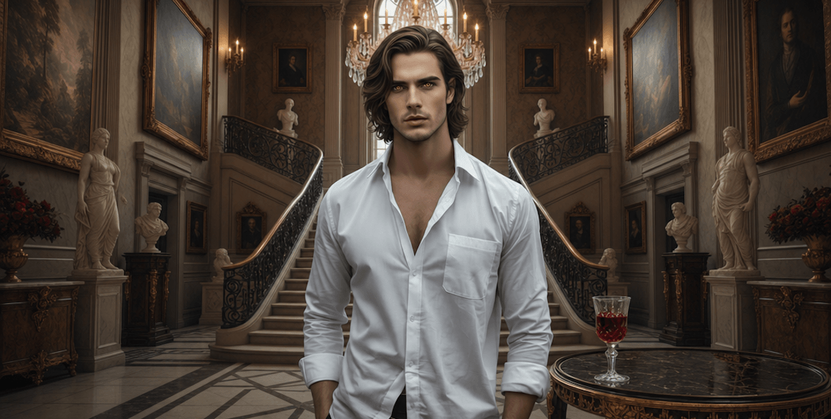 A man in a white shirt stands in an elegant mansion with a grand staircase
