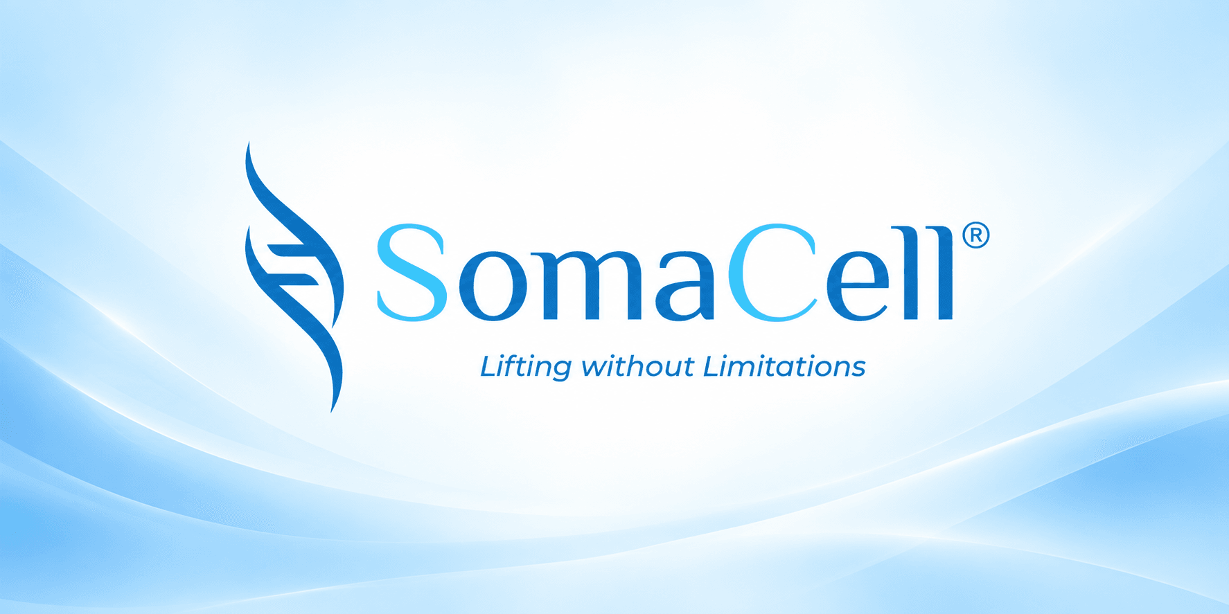 SomaCell logo with blue waves background and tagline "Lifting without Limitations"