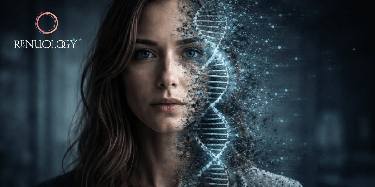 A woman’s face blending with a digital DNA helix on one side