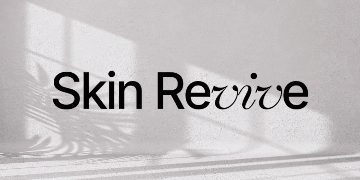 Logo with "Skin Revive" in stylish typography against a textured wall background