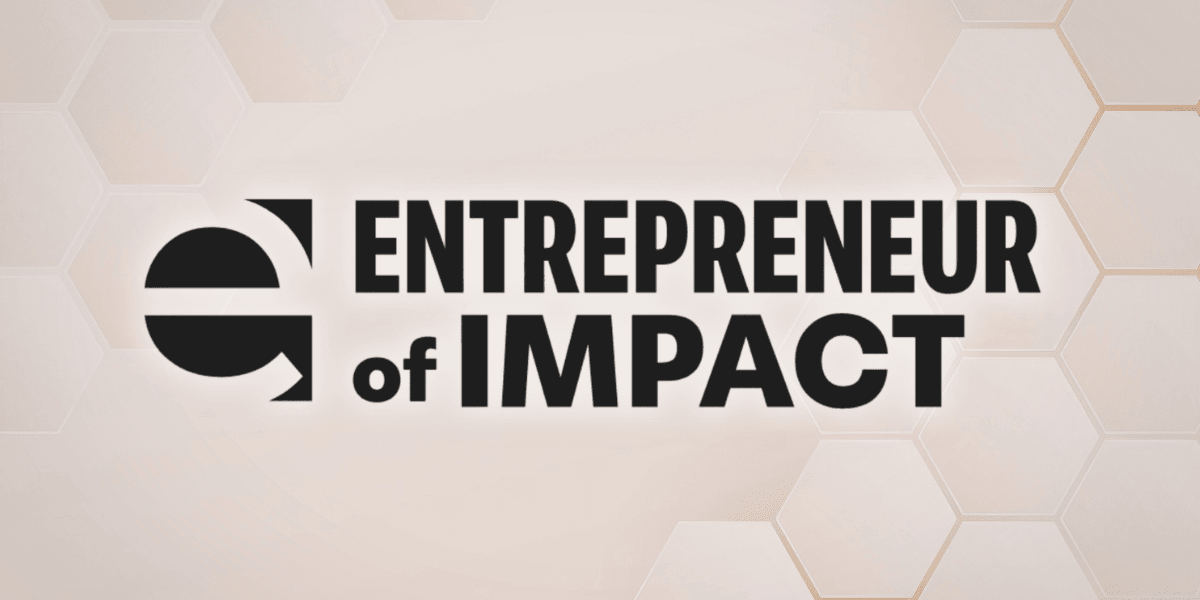 Logo displaying "Entrepreneur of Impact" with hexagonal background design