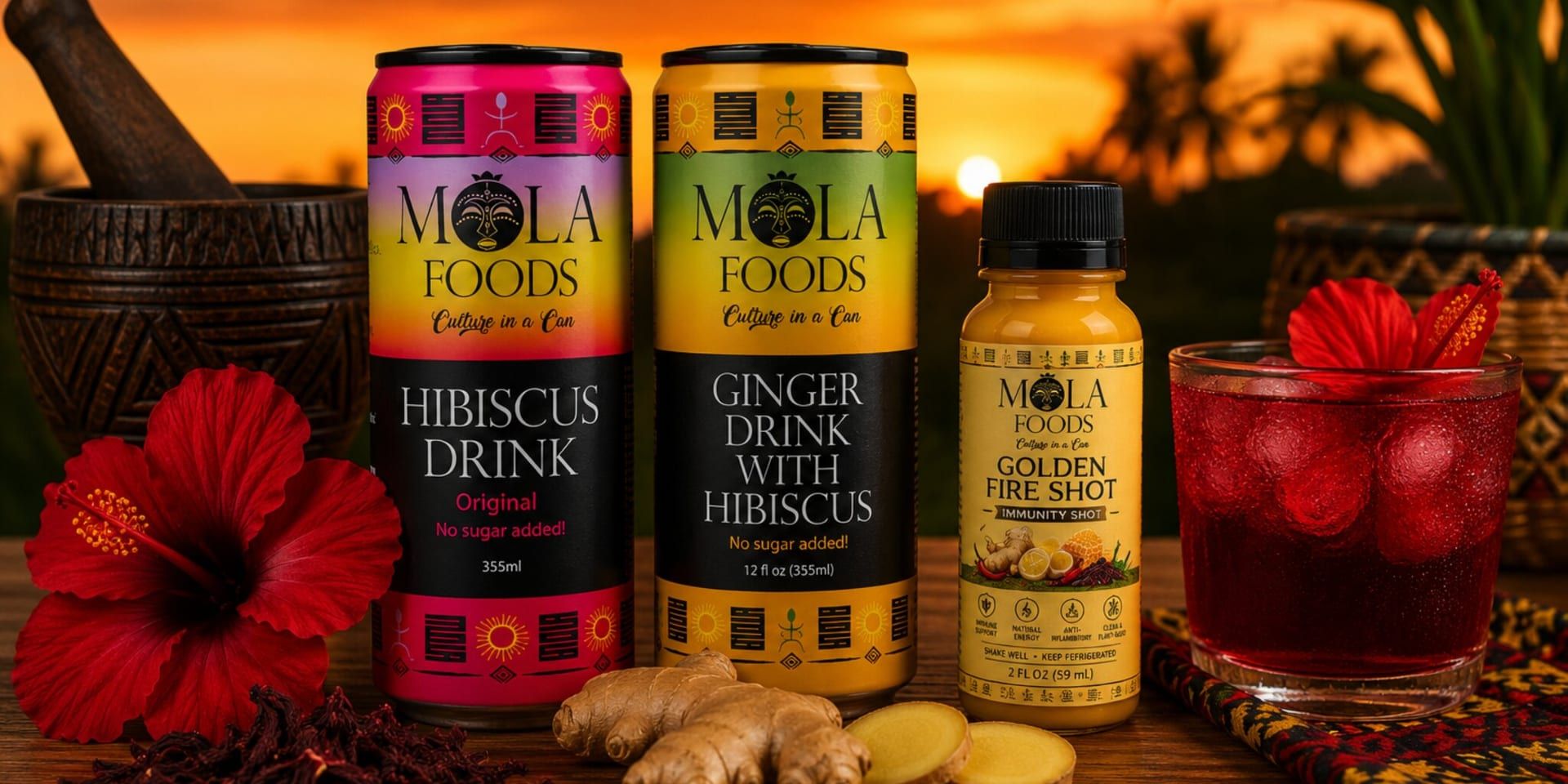 Mola Foods hibiscus drinks and Golden Fire Shot displayed with hibiscus flowers, ginger, and a prepared beverage.