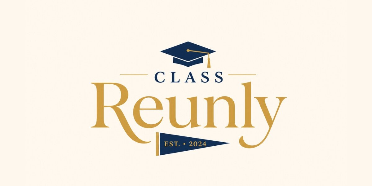 Class Reunly logo featuring graduation cap, pennant, and gold lettering on a light background.