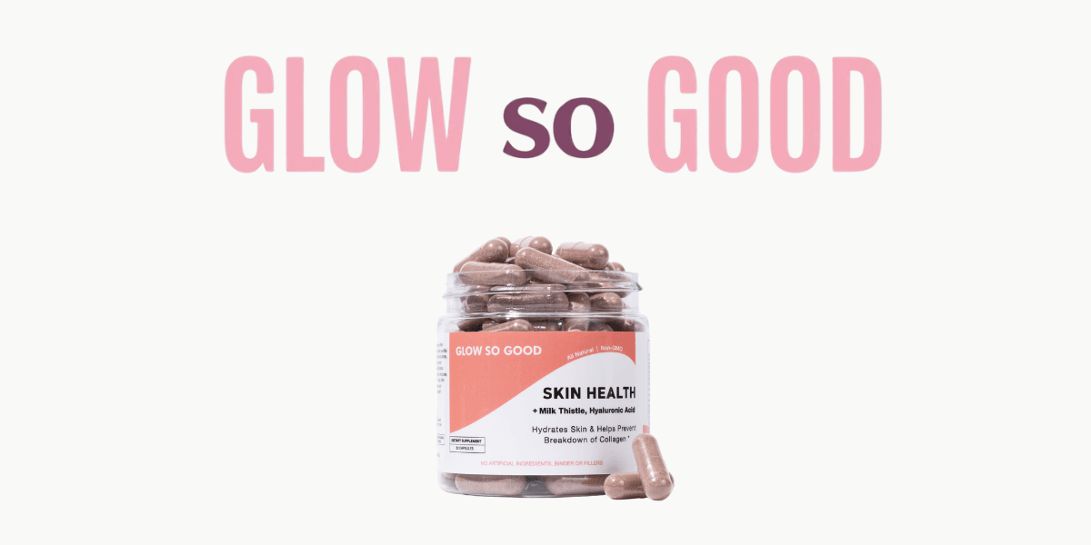 Glow So Good Skin Health supplement bottle and capsules on a clean white background.