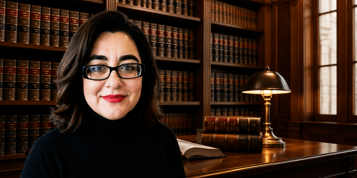 Shadan Kapri, human rights attorney and author, in a law library with books and a desk lamp.