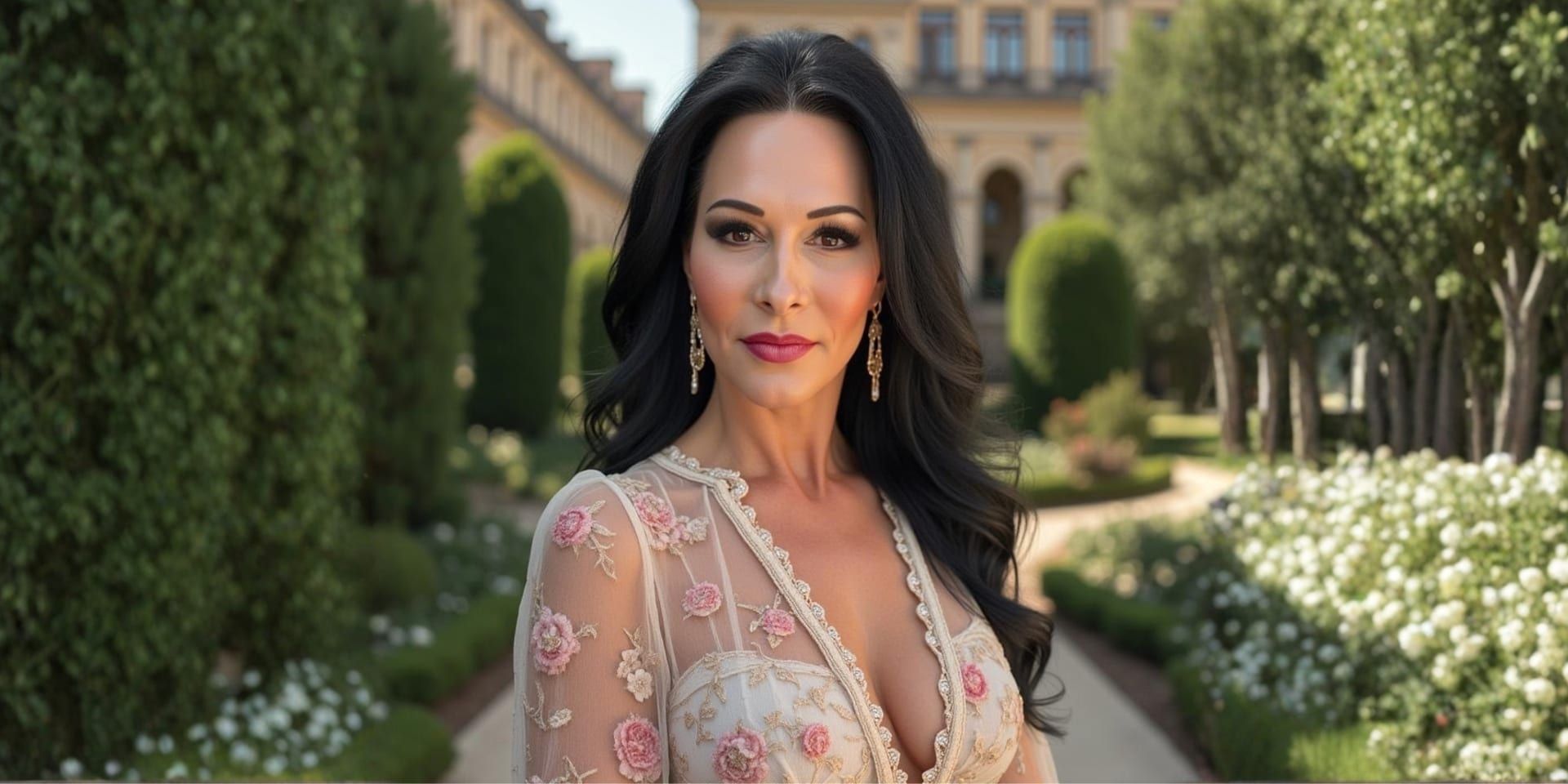 Michele Hunter wearing a floral embroidered dress in a landscaped garden.