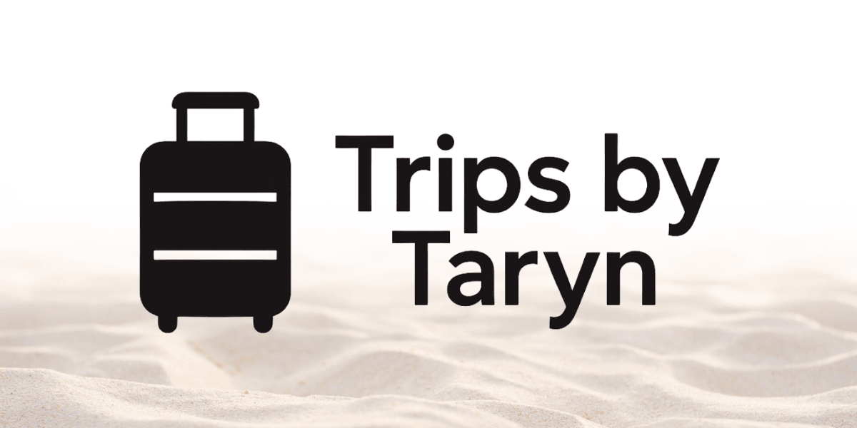 Trips by Taryn logo with a suitcase icon displayed over a sandy background.