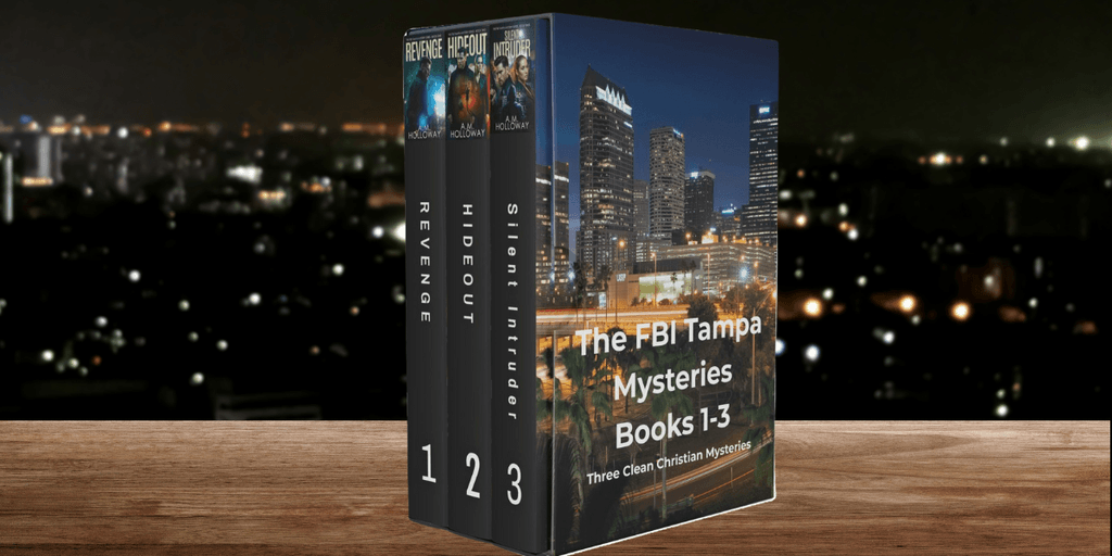 "Box set of 'The FBI Tampa Mysteries Books 1-3' by A.M. Holloway, featuring a night cityscape and gripping crime novels."