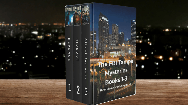 "Box set of 'The FBI Tampa Mysteries Books 1-3' by A.M. Holloway, featuring a night cityscape and gripping crime novels."