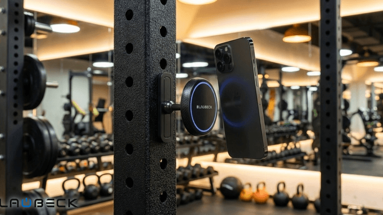 Blaubeck magnetic phone mount securing a phone to gym equipment, emphasizing convenience and hands-free functionality.