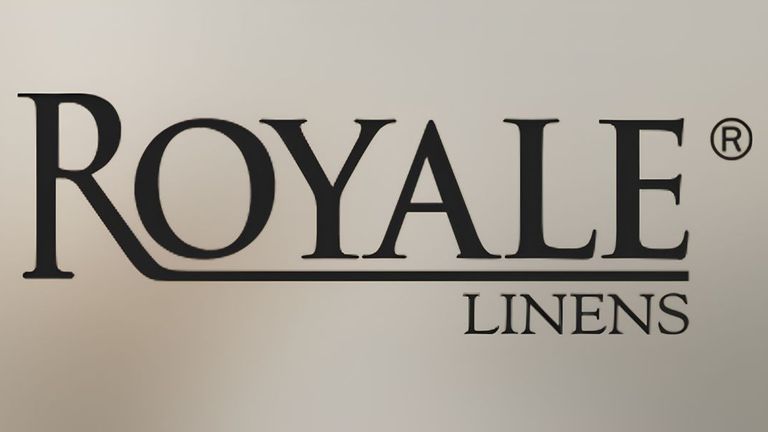 Text "Royale Linens" in elegant black serif font on a soft beige background. The tone conveys luxury and sophistication, enhanced by a registered trademark symbol.