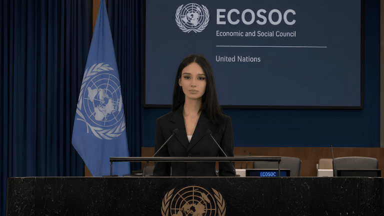 Woman speaking at United Nations ECOSOC podium with UN flag and conference backdrop.