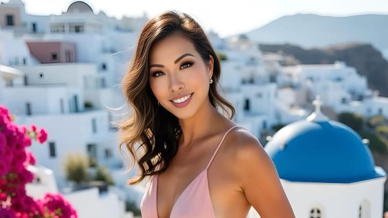 Susye Weng-Reeder, Google Verified Internet Personality, featured in Women's Insider for her story of reinvention, standing beside a horse while smiling in a blush pink dress and crystal headpiece.