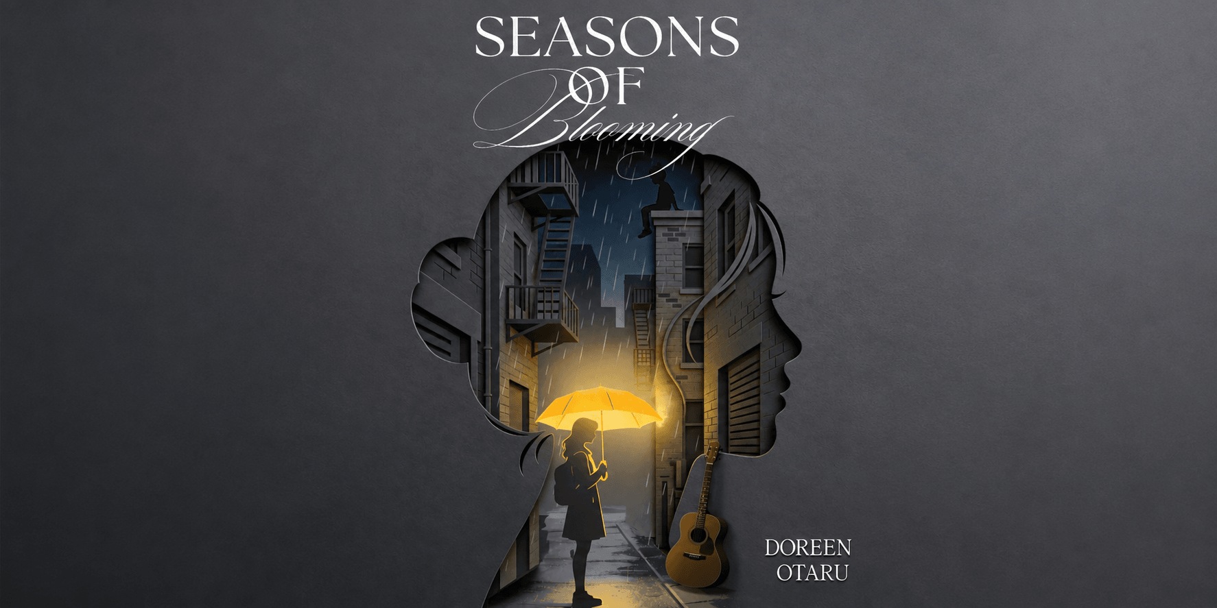 Book cover featuring a silhouette of a girl with an umbrella against a rainy background