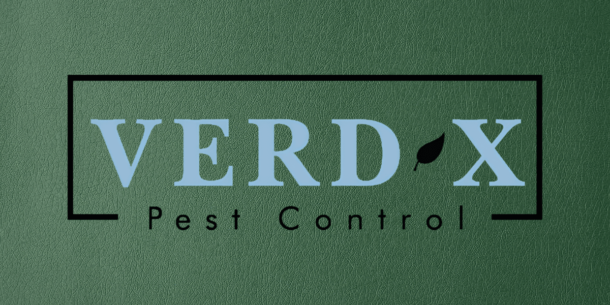 Logo for Verd-X Pest Control featuring blue text on a green background