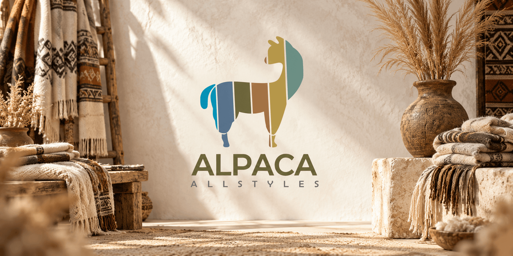 Interior setting with a large alpaca logo, rustic decor, and warm textures