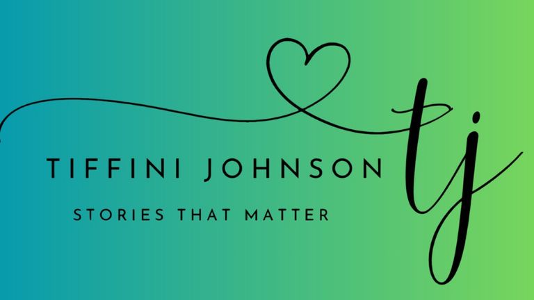 Tiffini Johnson “Stories That Matter” banner with heart design on blue-to-green gradient background.