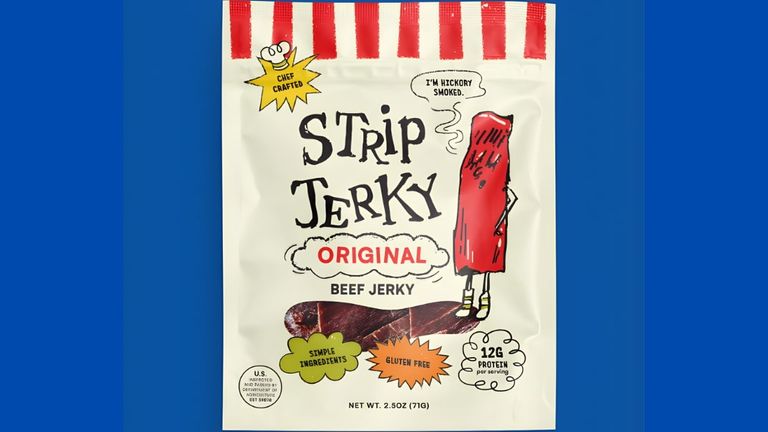 Strip Jerky packet featuring chef-crafted, gluten-free beef jerky with fun, playful design highlighting simple ingredients and hickory smoke.