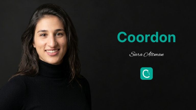 Portrait of Sara Altman beside Coordon logo on dark background promoting wedding coordination platform.