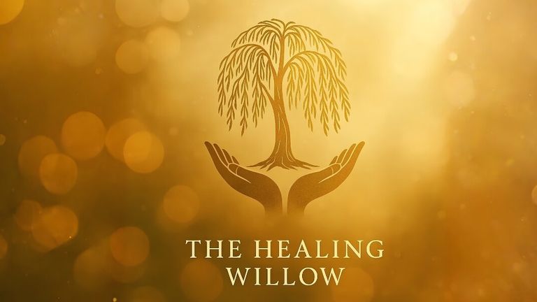 The Healing Willow logo featuring a willow tree held by open hands on a gold background.