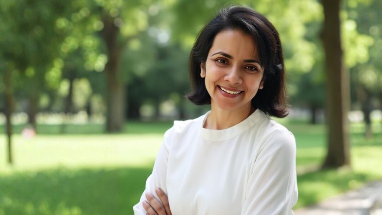 Indrani Das smiling warmly outdoors, standing confidently with arms crossed in a lush green park setting.