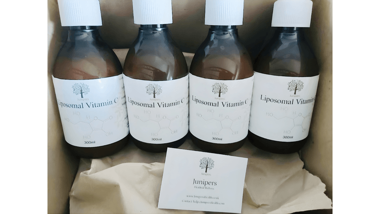 The image shows Junipers' Liposomal Vitamin C bottles, highlighting their clean, effective formulations designed for superior absorption and wellness.