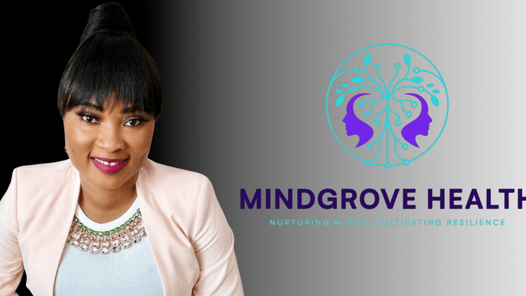 Dr. Fey Ramey, founder of Mindgrove Health, stands proudly with her logo emphasizing mental health and resilience.