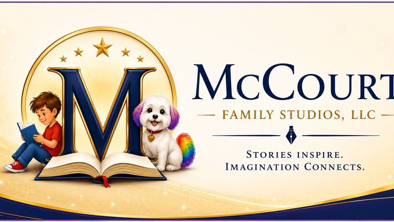 McCourt Family Studios logo featuring an open book, reading child, and Billie the rainbow-tailed dog.
