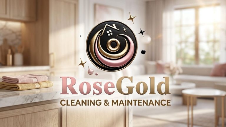 RoseGold Cleaning & Maintenance logo over modern clean kitchen and living room background.