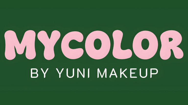 Logo for MYCOLOR by Yuni Makeup with pink bubbly lettering on a green background, featuring the brand's name and tagline.