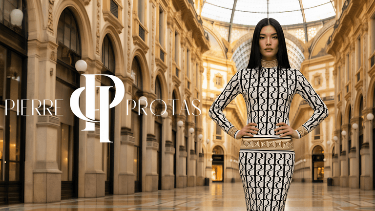 Model in geometric black-and-white dress posing in ornate luxury gallery with “Pierre Protas” branding.
