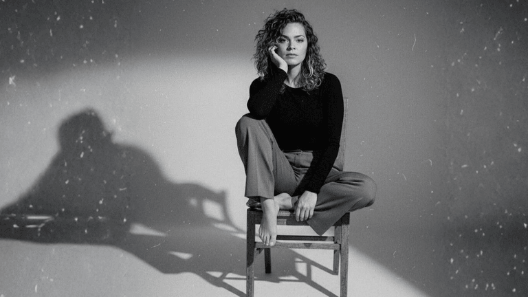 Black-and-white portrait of woman sitting on chair, dramatic lighting casting shadow, contemplative expression.