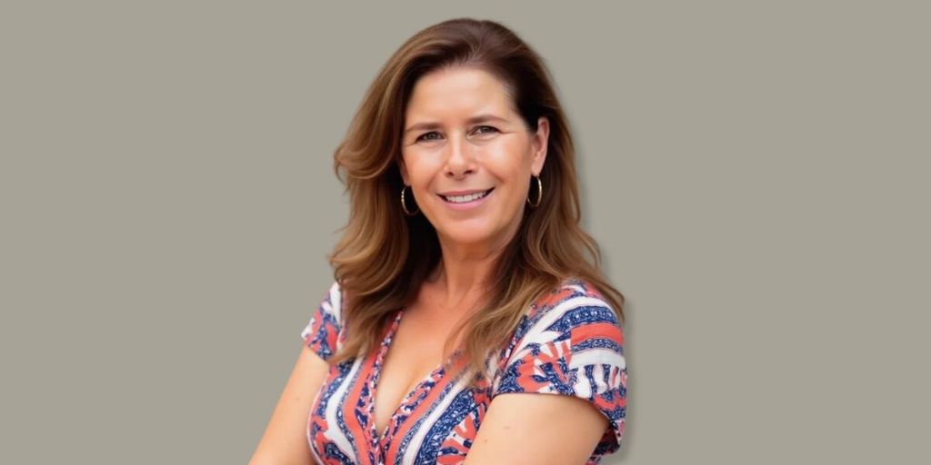 Portrait of executive leadership advisor Helena Demuynck smiling, wearing a patterned dress against a neutral background.