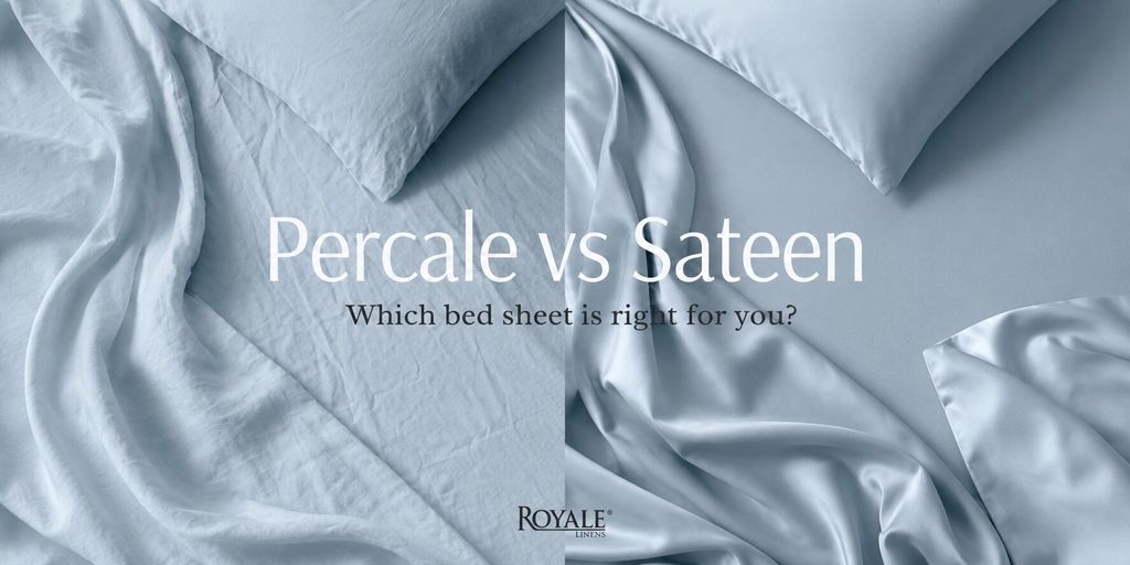 Side-by-side comparison of crisp percale and smooth sateen bedding from Royale Linens.