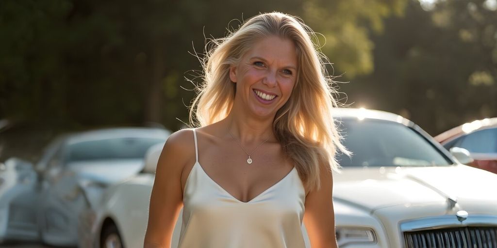A woman with long blonde hair, smiling confidently while standing outdoors near luxury cars, embodying empowerment and financial freedom.