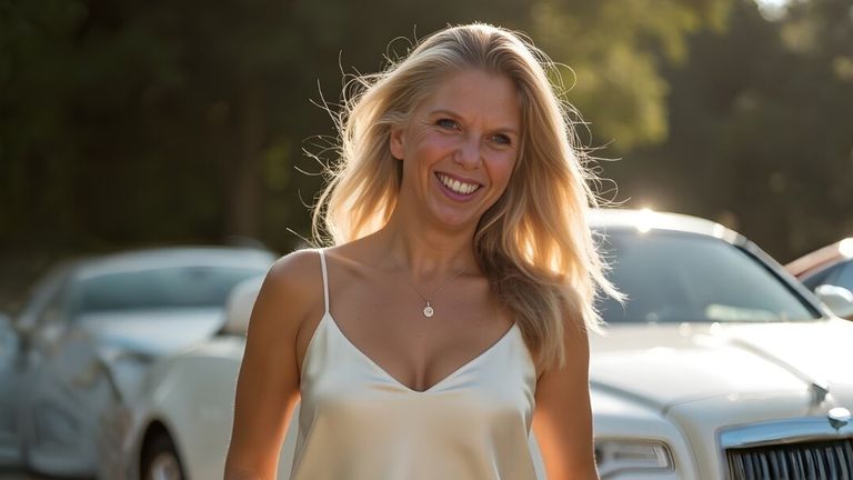 A woman with long blonde hair, smiling confidently while standing outdoors near luxury cars, embodying empowerment and financial freedom.