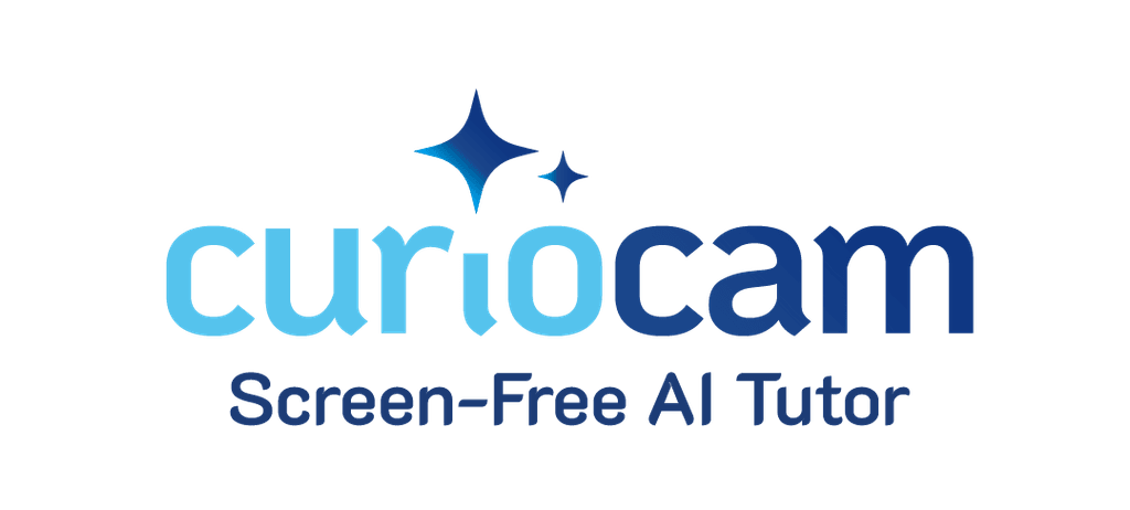 CurioCam™ logo with gradient blue typography, featuring a star-like element above the "r" and "i," and the tagline "Screen-Free AI Tutor.