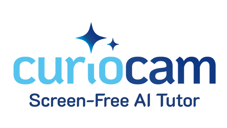 CurioCam™ logo with gradient blue typography, featuring a star-like element above the "r" and "i," and the tagline "Screen-Free AI Tutor.