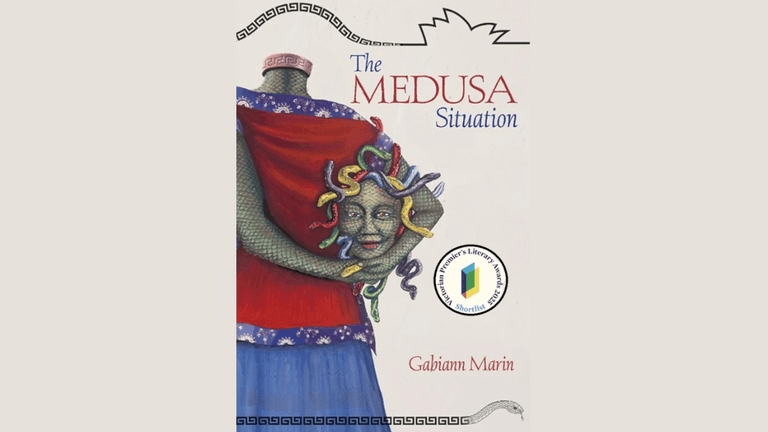 Cover of The Medusa Situation by Gabiann Marin, featuring Medusa holding a mask with a colorful snake hair design