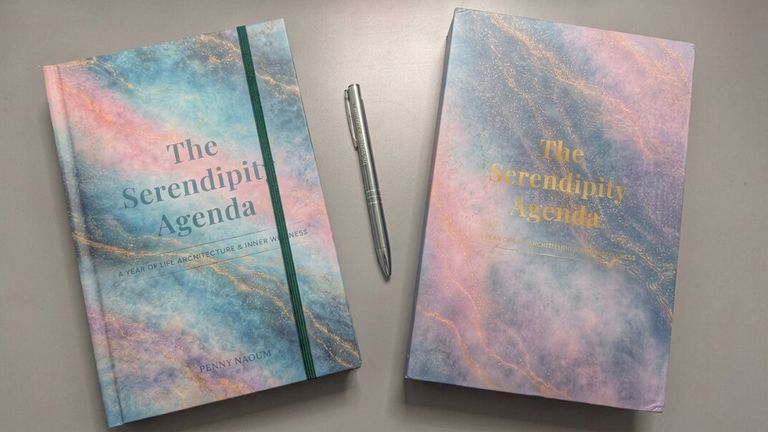 Two editions of The Serendipity Agenda displayed beside a silver pen.
