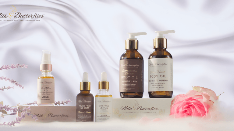 Milk and Butterflies skincare products including Vaginal Oil, Night and Day Face Serums, and Body Oils, promoting natural beauty.